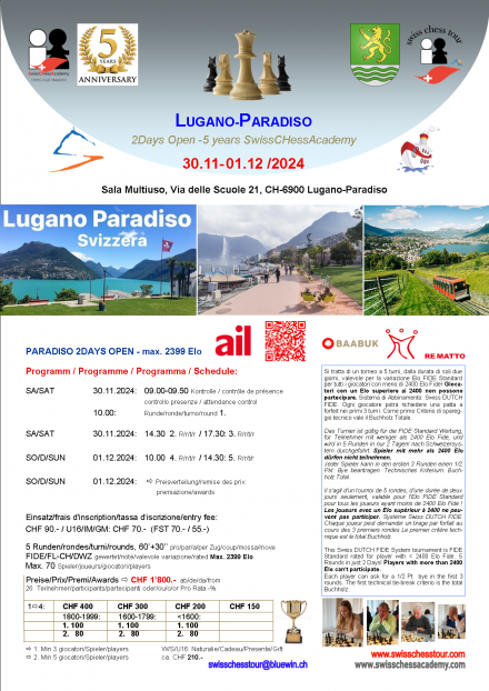 LUGANO-PARADISO 2DAYS OPEN, 30.11-01.12/2024 - Swiss CHess Tour