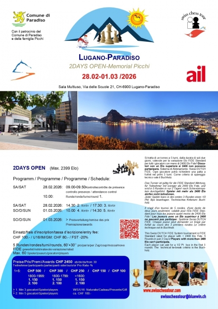 PARADISO 2DAYS OPEN Memorial Picchi 28.02-01.03 /2026 - Swiss CHess Tour